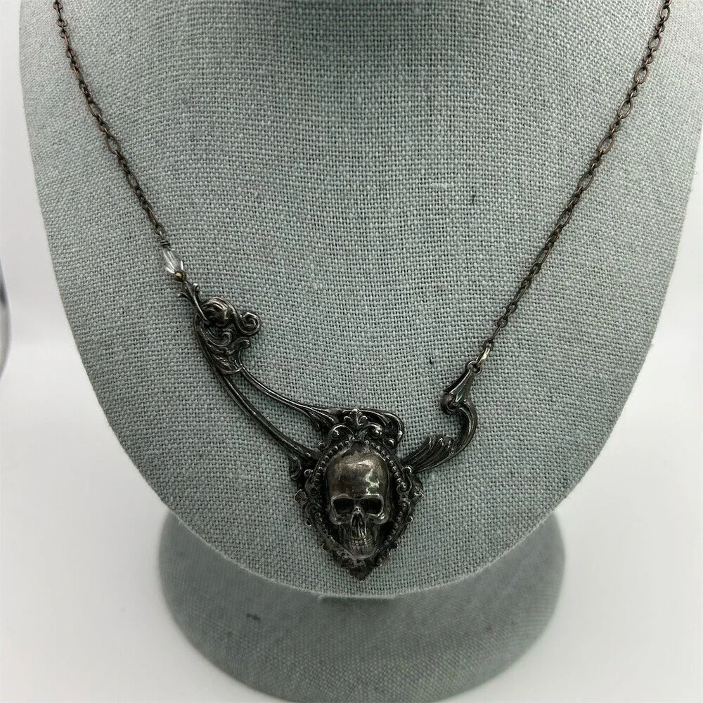 Gothic Skull Pendant Necklace Dark Romantic Victorian Style Statement 19 inches - Picture 3 of 11